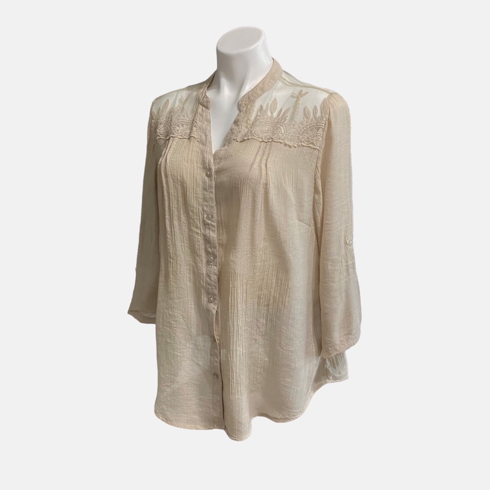 Tantrums Woman’s /3/4 Roll Tab Sleeve Neutral Tan Blouse Size XL,Lace,Mesh,Gauzy